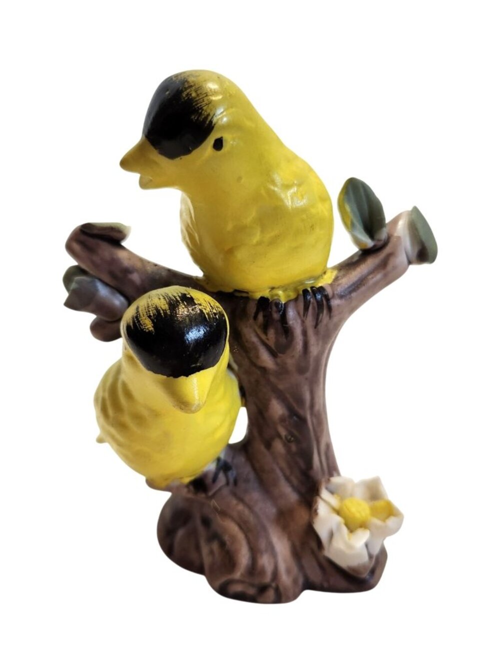 Yellow Goldfinch Bird Figurine On Tree Branch With Flower Ceramic Collectible